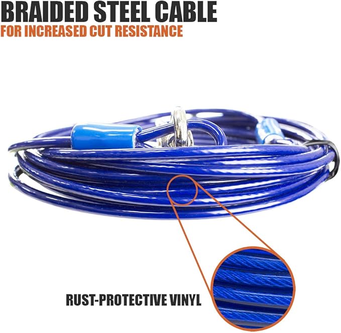 BV Dog Tie Out Cable 25 Feet - Heavy Duty Dog Lead Up to 60 Pounds - Reflective & Rust-Free with Quick Release Swivel Clips & 360° Rotating Clasp - Tangle-Free Dogs Runner for Yard (Blue, Pair)-PawvioPets