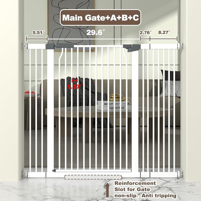 41" Extra Tall Cat Gate for Doorway, 40.6-49.1'' Metal Pet Baby Safe Gate, Extra Wide Pressure Mounted Child Door with Expansion Kit, No Drilling Cat Fence Indoor, Tall Dog Gate, White-PawvioPets