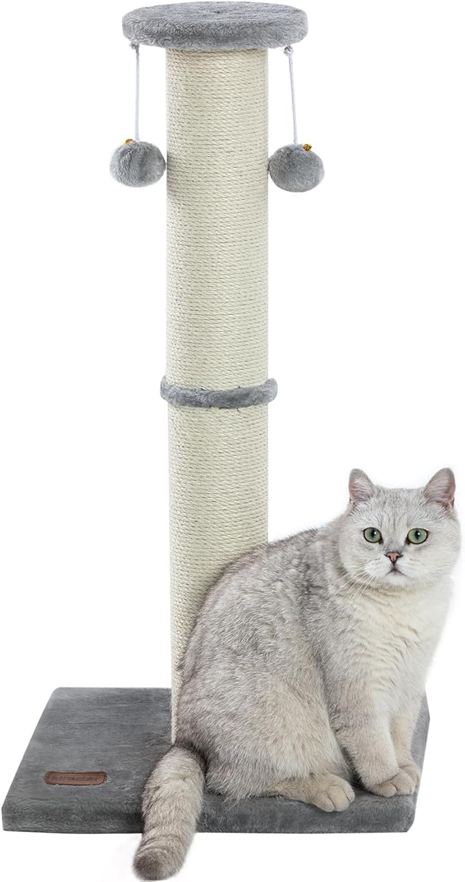 Kilodor 34Inch Tall Cat Scratching Post,4.3Inch Diameter Large Sisal Cat Scratch Post with Ball, Sturdy and Durable Cat Scratcher for Indoor Cats Adults Grey-PawvioPets