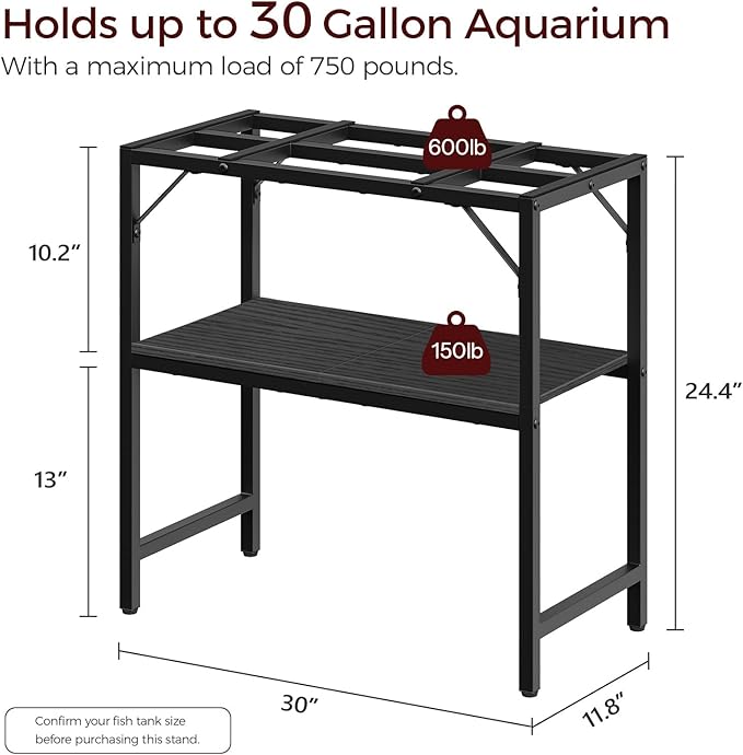 30 Gallon Fish Tank Stand, Aquarium Stand with 2-Tier Storage Shelves, Heavy Duty Breeder Turtle Terrarium Stand Rack for Home Office, 30.0" L x 11.8" W x 24.4" H, Black FTBK3001-PawvioPets