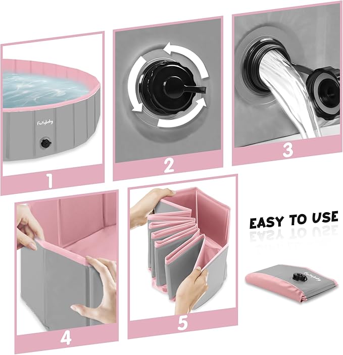 Furrybaby Dog Pool, Kiddie Pool with Hard Plate Collapsible Pet Bath Foldable Swimming Pet Pool Portable Pink 39''-PawvioPets
