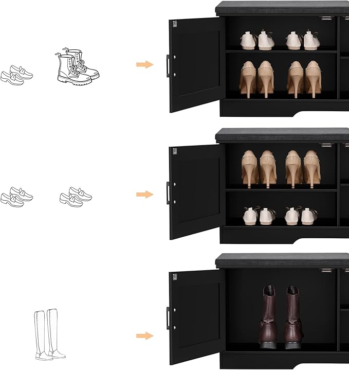 2-Tier Storage Bench, Shoe Bench with Padded Seat Cushion, Entryway Bench with 2 Barn Doors, Adjustable Shelf, 13.8" D x 39.4" W x 17.7" H, for Entryway, Living Room, Bedroom, Black-PawvioPets