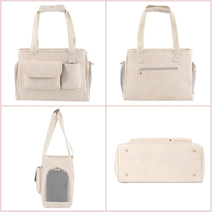 Dog Carrier Purse, Fashion Leather Pet Carrier Bag, Airline Approved Soft Sided Cat Travel Tote Bag with Pockets White-PawvioPets