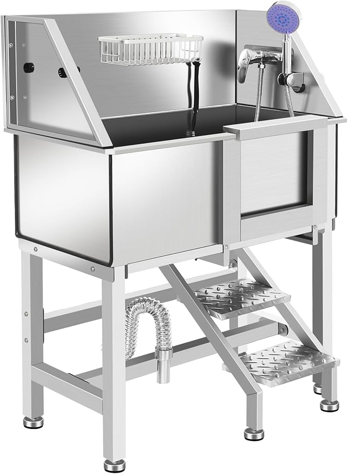 Dog Washing Station 38'' Stainless Steel Pet Grooming Tub for Large Dogs Over-Size Professional Dog Grooming Bathtub Station Wash Shower Sink Pet Grooming Bathtub Station-PawvioPets