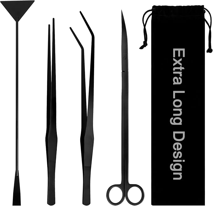 15Inch Extra Long Design Aquarium Aquascaping Tool Stainless Steel Aquascape Tools Kit 4 in 1 Anti-Rust Fish Tank Starter Kit with Long Tweezers Scissors Spatula for Aquarium Plants (Black)-PawvioPets