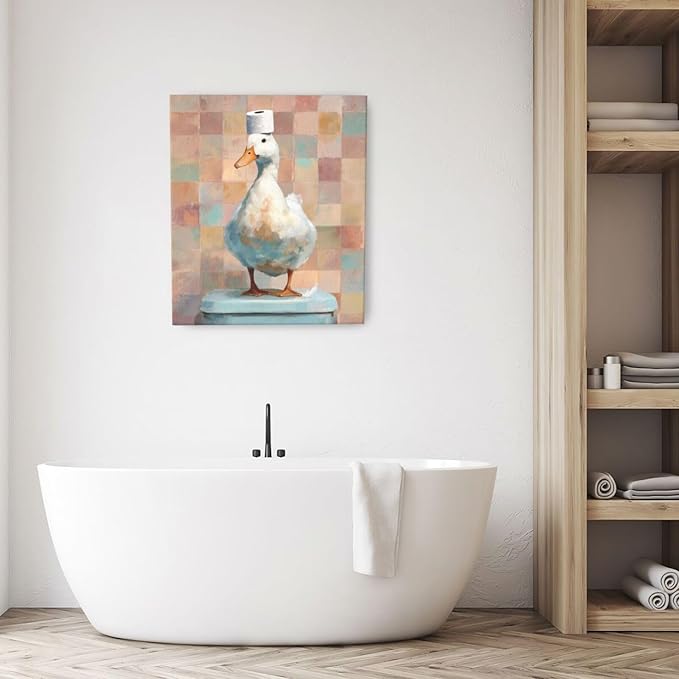 Funny Duck Bathroom Wall Art Cute Duck on Toilet Canvas Wall Decor Funny Quirky Farm Animal Pictures Painting Print Framed Artwork Decorations Gifts for Bathroom 20"x24"-PawvioPets