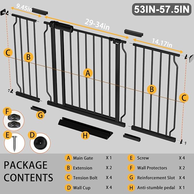 Fairy Baby Extra Wide Baby Gate Black 53-57.5 Inch Wide, Walk Through Pressure Mounted No Drill, Long and Large Tension Gate for Pet and Kids-PawvioPets