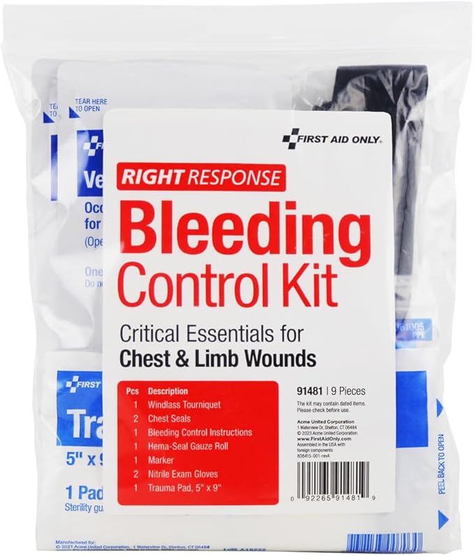 First Aid Only 91481 Critical Essentials Bleeding Control Kit for Chest & Limb Wounds, 9 Pieces-PawvioPets
