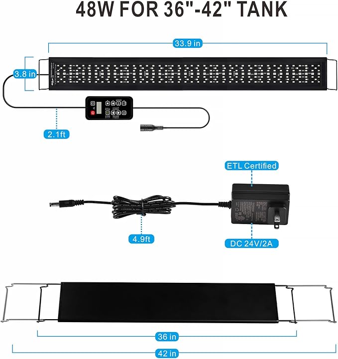 Advanced 7-Row LED Aquarium Light, Easy Setup Controller, Auto On Off Full Spectrum Fish Tank Light, 24/7 Lighting Cycle, 8 Colors, 10 Level Dimming, 48W for 36"-42" Freshwater Planted Tank-PawvioPets