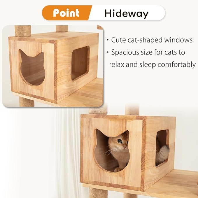 74" Wooden Cat Tree Tower for Large Cats, Multi-Level Cat Climbing Furniture with Scratching Posts, Cat Condo & Hammock, Natural Wood Cat Activity Center(Brown)-PawvioPets