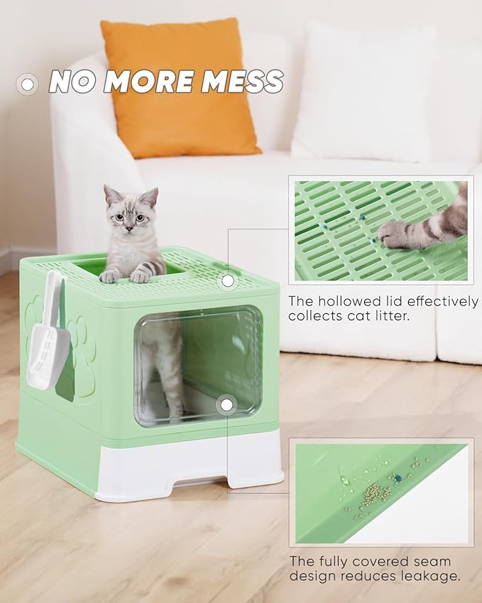 Enclosed Cat Litter Box, Large Litter Box for Big Cats, Covered Kitty Litter Boxes with Lid, Top Entry Cat Box Enclosure with Scoop, Odor Control, Easy to Clean(Green)-PawvioPets
