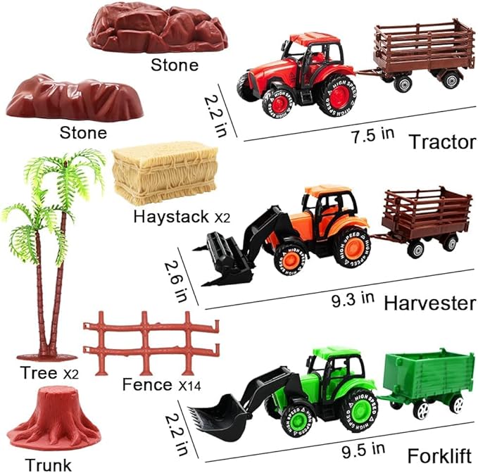 3 Pack Farm Toy Tractor with 40pcs Plastic Animals Figurines and Fence Playset, Farm Figures Farmer Vehicle Toy Truck with Trailer for 3-12 Years Old Kids Boys Girls Toddlers-PawvioPets