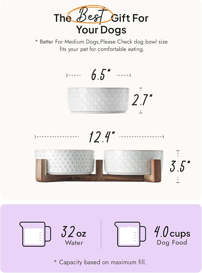 Dog Bowls Ceramic for Small Medium Dogs - 3-Cup Dual Food & Water Bowl Set with Acacia Wood Stand, Non-Slip Anti-Tip Elevated Design-PawvioPets