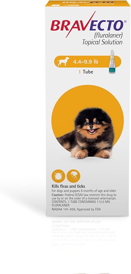 BRAVECTO Topical Solution for Dogs, Flea & Tick, 12 Week Supply, 4.4-9.9 lbs., Yellow Box-PawvioPets