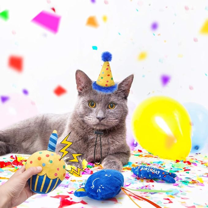 BINGPET Cat Birthday Catnip Toys for Indoor Cats,Cat Birthday Hat,Bandana and Cat Birthday Cake Interactive Plush Kitten Chew Toys,Cute Fish,Balloon Toys with Crinkle Paper and Catnip Inside(Blue)-PawvioPets