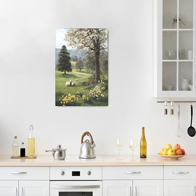 Country Sheep Canvas Wall Decor Farmhouse Rustic Lamb Wildflower Wall Art Nature Countryside Landscape Pictures Painting Print Framed Artwork Decorations for Bathroom Living Room Bedroom 16"x24"-PawvioPets