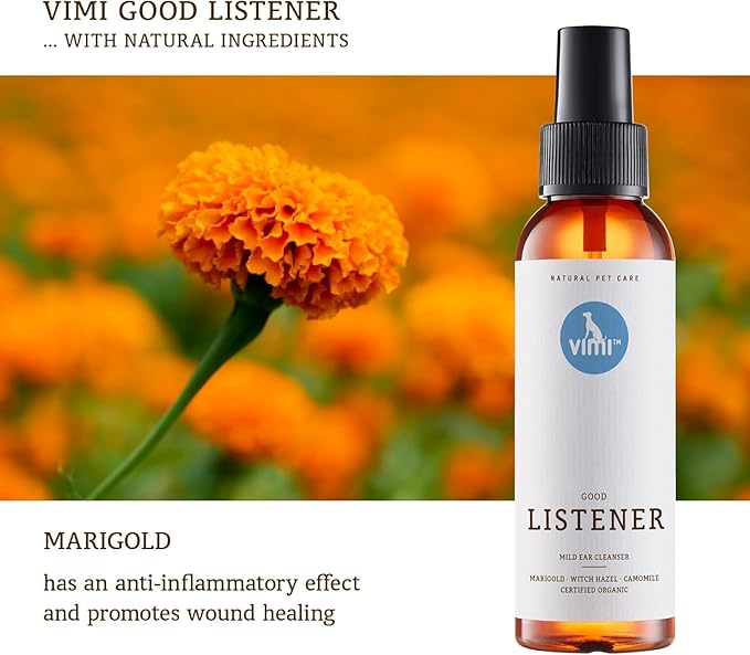 animaux vimi Ear Cleaner Good Listener - Ear Cleaner Spray for Sensitive Dog Ears - Ear Care with Camomile, Calendula & Witch Hazel - for Thorough & mild Cleaning - 3.38 Fl Oz-PawvioPets