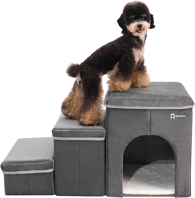 Foldable Pet Stairs for Beds & Sofas - Non-Slip Dog Steps with Storage for Small to Medium Dogs & Cats, Supports up to 120 lbs - Durable 2 & 3-Step Doggie Ladder for Easy Access-PawvioPets