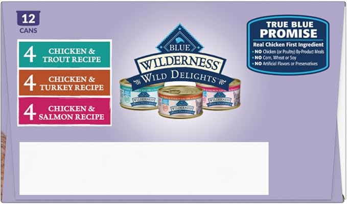 Blue Buffalo Wilderness Wild Delights High Protein Grain Free, Natural Adult Meaty Morsels Wet Cat Food, Ⲥhicken & Turkey, 𝙲hicken & Trout, 𝐂hicken & Salmon 3-oz cans (12 count - 4 of Each Flavor)-PawvioPets