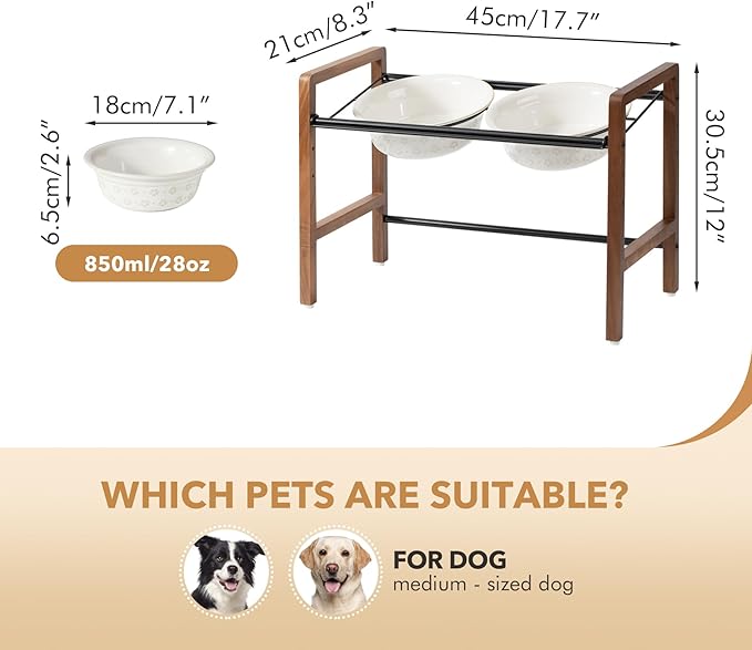 7.1inch Ceramic Adjustable Raised Double Bowls Set with Stand, 3 Heights Elevated, 2 Placement Options,Food and Water Bowls for Medium and Large Dog(Reactived Glaze -White)-PawvioPets