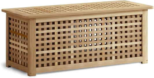 Bench with Storage, Acacia Laundry Hamper with Seat, Storage Benches with Seating for Entryway, Living Room, Bedroom, Bathroom (15.7x38.6x17.7in)-PawvioPets