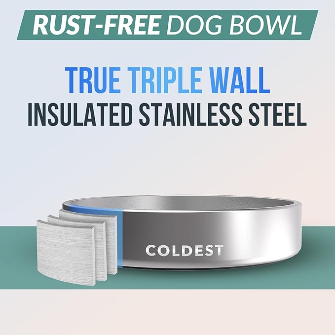 Coldest Dog Bowl - Anti Rust Metal, Non Slip, 3 Layers Insulated Stainless Steel Dog Bowls - Spill Proof & Heavy Duty - Water Bowl for Dogs, Cats, Dish Washer Safe (21 oz, Polished Stainless Steel)-PawvioPets