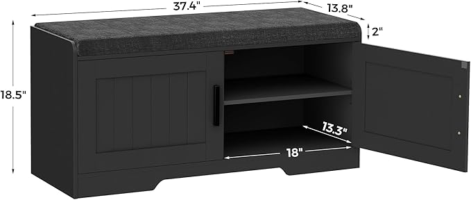 2-Tier Storage Bench, Shoe Bench with Thickened Padded Seat Cushion, Entryway Bench with 2 Doors, Adjustable Shelf, 13.8" D x 37.4" W x 18.5" H, for Entryway, Living Room, Bedroom, Black-PawvioPets