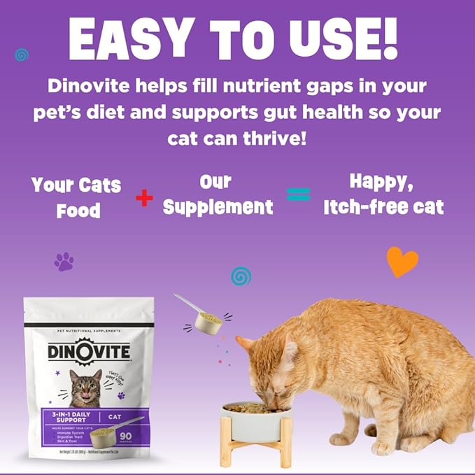Dinovite for Cats Supplement - Immune + Digestive, Skin + Coat Support, Vitamins, Minerals, Omega 3, Enzymes, Probiotics. Reduces Shedding, Dry Skin, Itching, Stinking, Bald Spots, Seasonal Issues-PawvioPets
