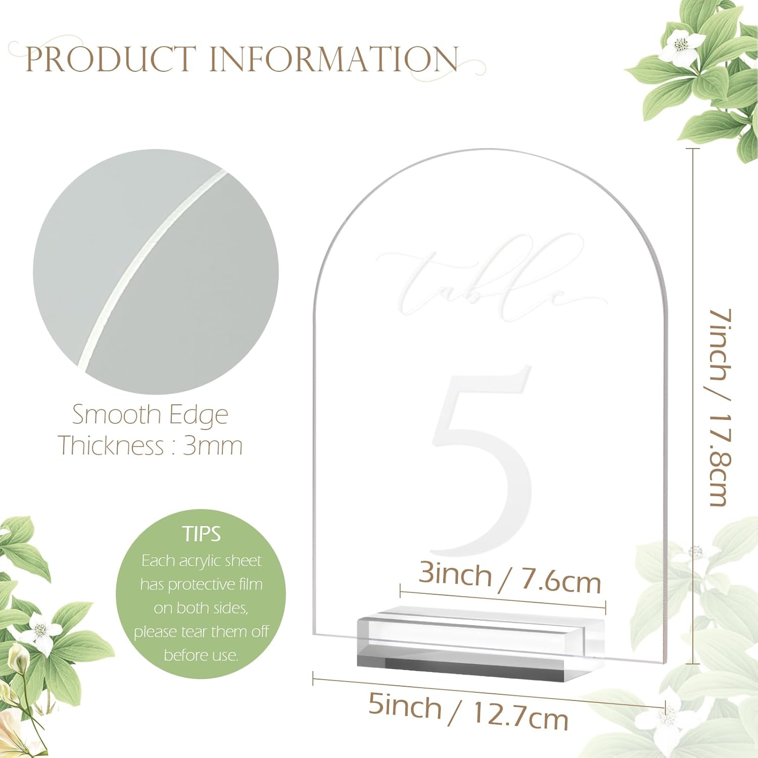 JINMURY Frosted Arch Table Numbers for Wedding, 5x7 Inch Arched Acrylic Table Numbers 1-15 with Stands, Frosted Acrylic Arch Sign with Holder for Centerpiece, Reception, Wedding, Party, Event