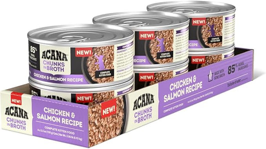 ACANA Chunks in Broth Wet Cat Food Chicken & Salmon Recipe for Kittens 5.5oz Cans (6 Count)-PawvioPets