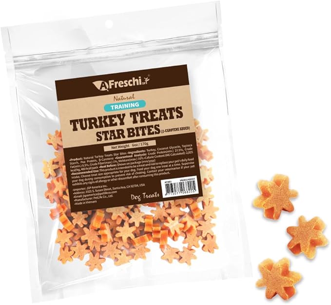 Afreschi Natural Turkey Treats Star Bites –6 oz, Hexagonal Shape, USA-Sourced Trukey, All-Natural, Hypoallergenic, Low-Fat, Healthy & Easily Digestible, Puppy & Training Snack & Small Dogs-PawvioPets