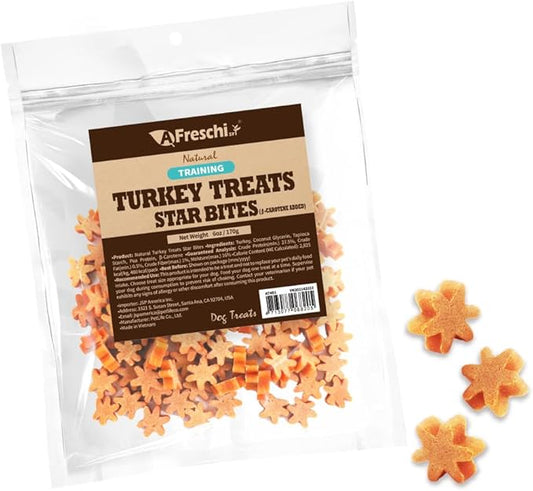 Afreschi Natural Turkey Treats Star Bites –6 oz, Hexagonal Shape, USA-Sourced Trukey, All-Natural, Hypoallergenic, Low-Fat, Healthy & Easily Digestible, Puppy & Training Snack & Small Dogs-PawvioPets