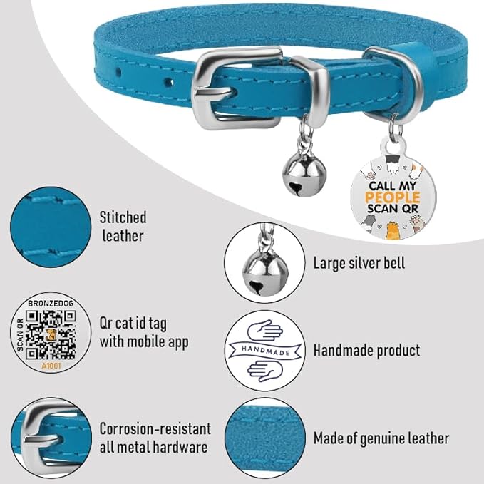 BRONZEDOG Leather Cat Collar with Removable Bells Non Breakaway Kitten QR Tag for Girl Boy (9" - 12" Cats/Mini Dogs, Blue & Silver)-PawvioPets