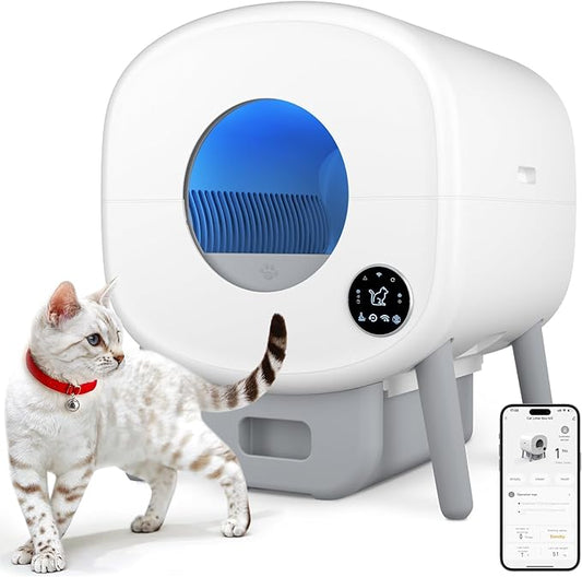 Cumrige Self Cleaning Litter Box, Large Capacity Automatic Cat Litter Box Self Cleaning for Cats, App Control,Safety Protection, 2 Roll Garbage Bags,White & Grey-PawvioPets