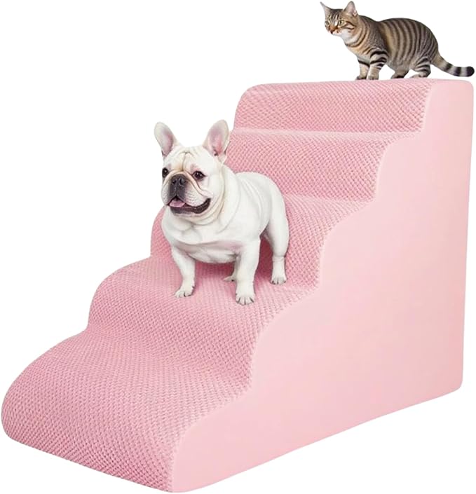 5 Step Pet Stairs Ramp for High Beds Sofas 5-30 Inch with Sturdy Non Slip Waterproof Pads, Machine Washable Cover Indoor Balanced Design for Cats Dogs Small Medium Large XL Pets Grey (Pink, Large, 1)-PawvioPets