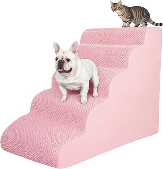 5 Step Pet Stairs Ramp for High Beds Sofas 5-30 Inch with Sturdy Non Slip Waterproof Pads, Machine Washable Cover Indoor Balanced Design for Cats Dogs Small Medium Large XL Pets Grey (Pink, Large, 1)-PawvioPets