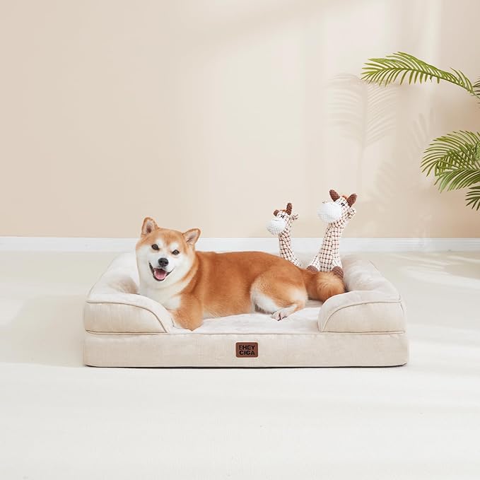 EHEYCIGA Orthopedic Dog Beds for Extra Large Dogs, Waterproof Memory Foam XL Pet Bed with Sides, Non-Slip Bottom and Egg-Crate Foam Big Dog Couch Bed with Washable Removable Cover, Beige-PawvioPets