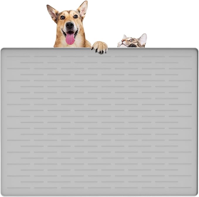 32" x 24" Large Pet Food Mat, Silicone Dog Mats for Food and Water, Nonslip Pet Feeding Mats for Floors,Dog Cat Bowl Mat with Raised Edges, Gray White-PawvioPets