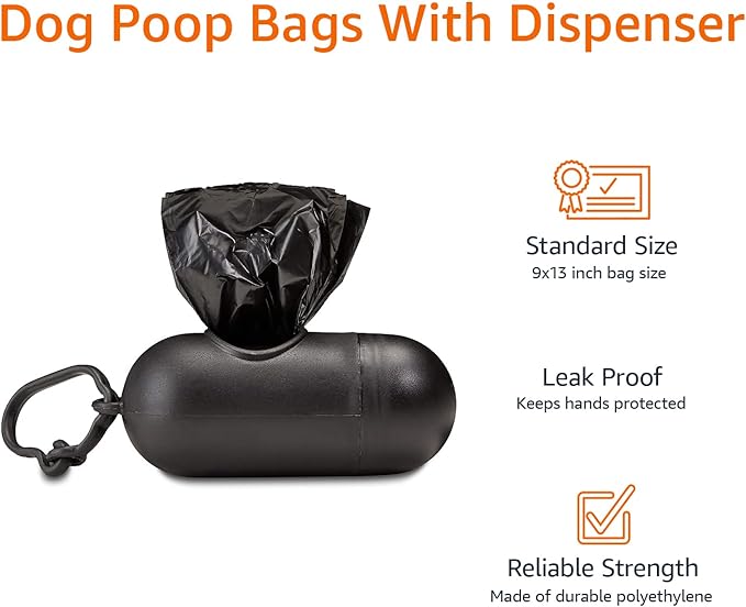 Amazon Basics Dog Poop Bags with Dispenser, 900 Count, Enhanced for Guaranteed Leakproof, Unscented, Includes Leash Clip-PawvioPets