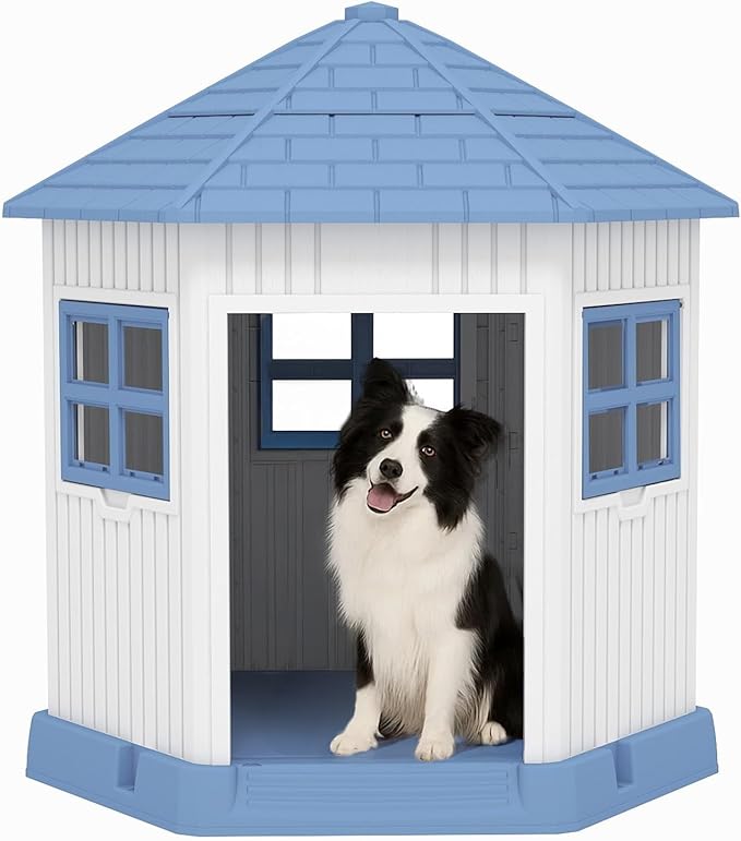 DRATO Dog House Indoor Outdoor Durable Large Dog Shelter with Outside Dog Kennel with Window and Elevated Floor for Small Medium Dogs (Blue, 34.8 * 30.51 * 36.89)-PawvioPets
