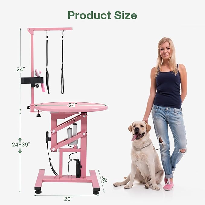 Electric Hydraulic Lift Pet Dog Grooming Table, 24Inch Grooming Desktop for Small Dogs, with Overhead Arm, Wireless Remote, Tool Organizer, Pink-PawvioPets