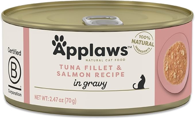 Applaws Natural Wet Cat Food in Gravy, Limited Ingredient Canned Wet Cat Food, No Additives, Made with Natural Ingredients, Tuna Fillet with Salmon in Gravy (24 x 2.47oz Cans)-PawvioPets