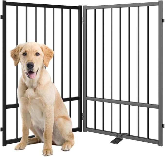 Full Metal Freestanding Dog Gate with Door, 32''Height Foldable Pet Dog Fence for Indoor & Outdoor, 2 Panels Extra Wide Free Standing TallDog Gates for Doorways,House,Stairs,Porch,Deck,Yard-PawvioPets