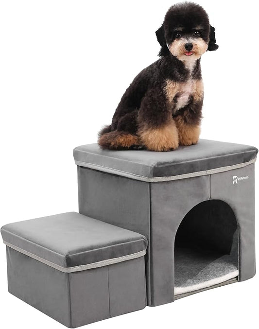 Foldable Pet Stairs for Beds & Sofas - Non-Slip Dog Steps with Storage for Small to Medium Dogs & Cats, Supports up to 120 lbs - Durable 2 & 3-Step Doggie Ladder for Easy Access-PawvioPets