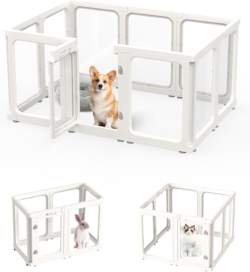 Dog Playpen, Clear Acrylic Plastic Puppy Playpen Indoor, Pet Pen for Puppy Cat Bunny, Transparent Easy Assemble Foldable Whelping Box for Dogs, Puppy Playpen with Gate (23.6" Height, 10PCS)-PawvioPets