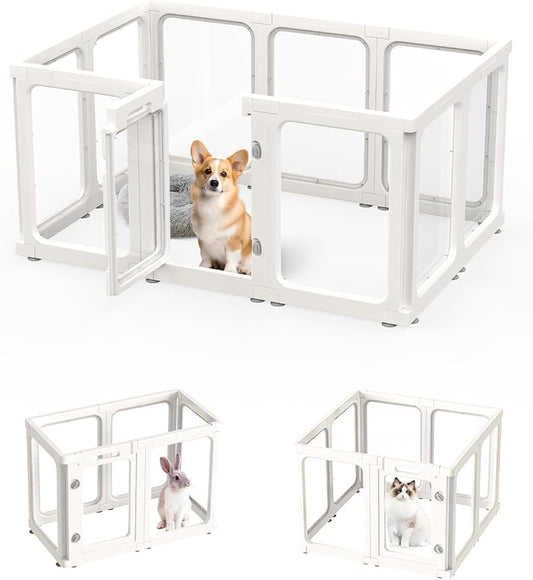 Dog Playpen, Clear Acrylic Plastic Puppy Playpen Indoor, Pet Pen for Puppy Cat Bunny, Transparent Easy Assemble Foldable Whelping Box for Dogs, Puppy Playpen with Gate (23.6" Height, 10PCS)-PawvioPets