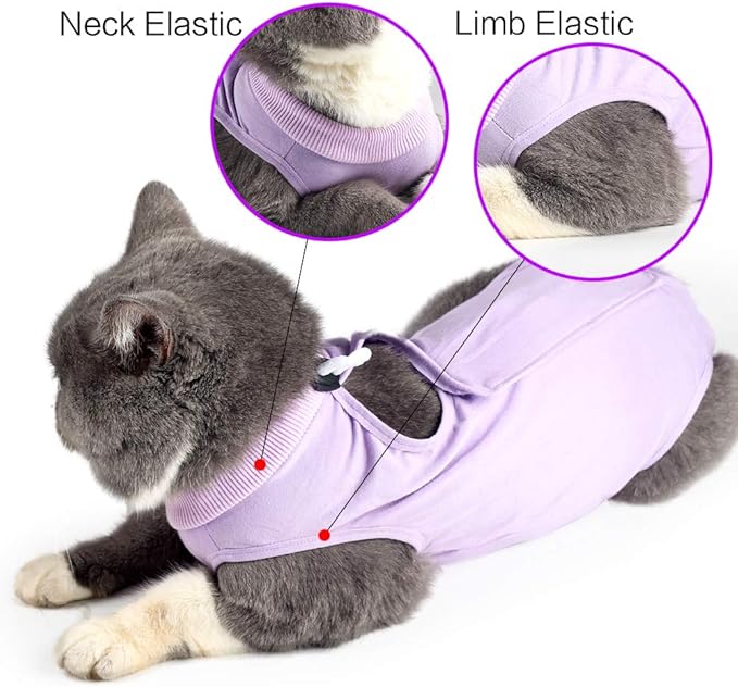 DOTON Cat Recovery Suit for Male and Female Surgical Post Surgery Soft Cone Onesie Shirt Clothes Neuter Licking Protective Diapers Outfit Cover Kitten Spay Collar(S, Purple)-PawvioPets
