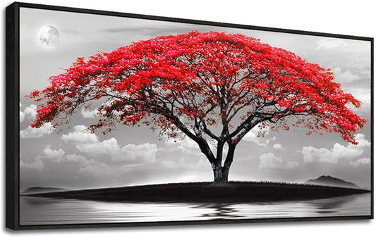 Framed Canvas Wall Art For Living Room Bathroom Wall Decor Black And White Landscape Red Tree Moon Scenery Hang Painting Home Decorations For Office Bedroom Kitchen Works Canvas Prints Pictures-PawvioPets