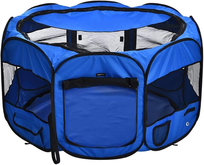 Amazon Basics Foldable Octagonal Indoor and Outdoor Portable Soft Dog Pen/Puppy Pen/Playpen, 114 cm / 45", Blue-PawvioPets