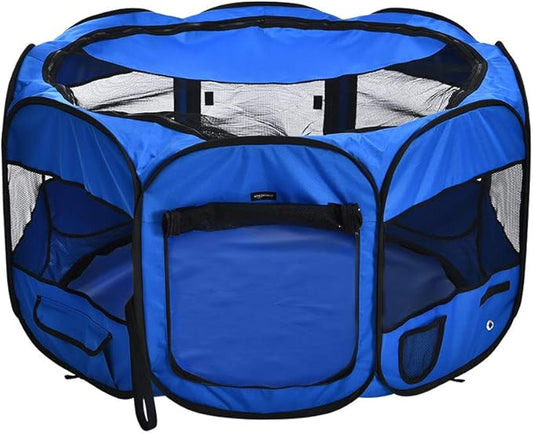 Amazon Basics Foldable Octagonal Indoor and Outdoor Portable Soft Dog Pen/Puppy Pen/Playpen, 114 cm / 45", Blue-PawvioPets